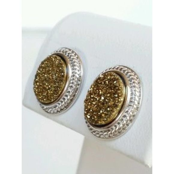 Royale Bijoux Oval Druzy Stud 925 Silver Earrings - Picture 2 of 3